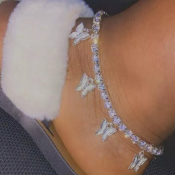 Butterflies Silver Rhinestone Ankle Bracelet - Picture 1 of 6